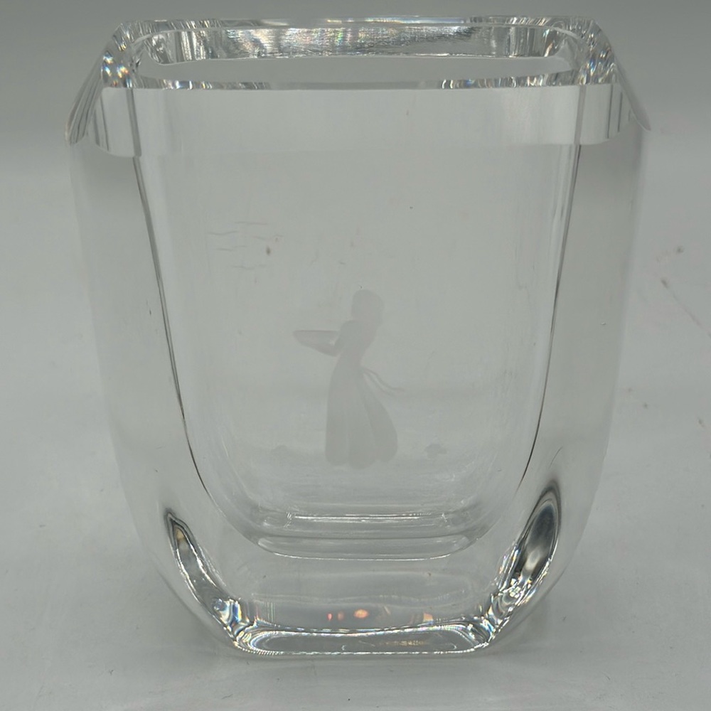 Skruf signed Crystal Vase, Girl Feeding The Birds